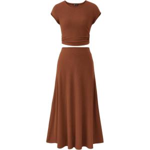 PRETTYGARDEN Two Piece Skirt Set for Women 2026 Summer Spring Dressy Casual Knit Travel Vacation Matching Lounge Outfits(Dark Brown)