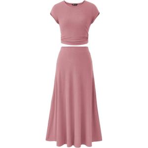 PRETTYGARDEN Two Piece Skirt Set for Women 2026 Summer Spring Dressy Casual Knit Travel Vacation Matching Lounge Outfits(Dusty Pink)
