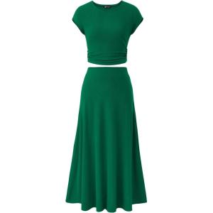 PRETTYGARDEN Two Piece Skirt Set for Women 2026 Summer Spring Dressy Casual Knit Travel Vacation Matching Lounge Outfits(Green)