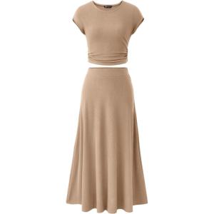 PRETTYGARDEN Two Piece Skirt Set for Women 2026 Summer Spring Dressy Casual Knit Travel Vacation Matching Lounge Outfits(Khaki)
