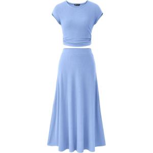 PRETTYGARDEN Two Piece Skirt Set for Women 2026 Summer Spring Dressy Casual Knit Travel Vacation Matching Lounge Outfits(Light Blue)