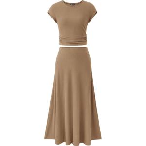 PRETTYGARDEN Two Piece Skirt Set for Women 2026 Summer Spring Dressy Casual Knit Travel Vacation Matching Lounge Outfits(Light Brown)