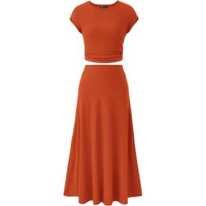 PRETTYGARDEN Two Piece Skirt Set for Women 2026 Summer Spring Dressy Casual Knit Travel Vacation Matching Lounge Outfits(Orange)