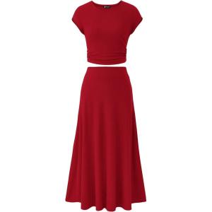 PRETTYGARDEN Two Piece Skirt Set for Women 2026 Summer Spring Dressy Casual Knit Travel Vacation Matching Lounge Outfits(Red)