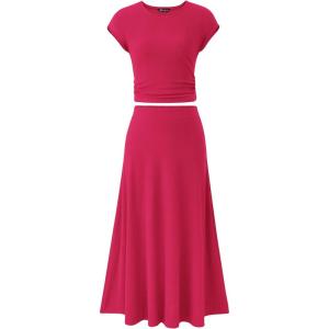 PRETTYGARDEN Two Piece Skirt Set for Women 2026 Summer Spring Dressy Casual Knit Travel Vacation Matching Lounge Outfits(Rose Red)