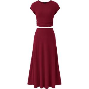 PRETTYGARDEN Two Piece Skirt Set for Women 2026 Summer Spring Dressy Casual Knit Travel Vacation Matching Lounge Outfits(Wine Red)