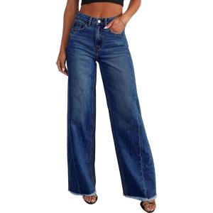 PRETTYGARDEN Wide Leg Jeans for Women Trendy High Waisted Stretchy Baggy Raw Hem Denim Palazzo Pants 2026 Spring Fall Clothes(Bluing)