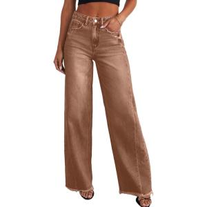 PRETTYGARDEN Wide Leg Jeans for Women Trendy High Waisted Stretchy Baggy Raw Hem Denim Palazzo Pants 2026 Spring Fall Clothes(Brown)