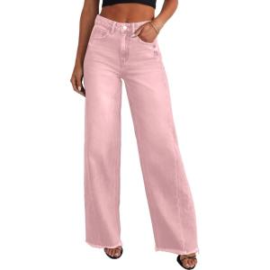 PRETTYGARDEN Wide Leg Jeans for Women Trendy High Waisted Stretchy Baggy Raw Hem Denim Palazzo Pants 2026 Spring Fall Clothes(Pink)