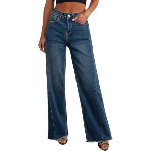 PRETTYGARDEN Wide Leg Jeans for Women Trendy High Waisted Stretchy Baggy Raw Hem Denim Palazzo Pants 2026 Spring Fall Clothes(Vintage Blue)