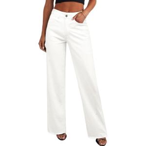 PRETTYGARDEN Wide Leg Jeans for Women Trendy High Waisted Stretchy Baggy Raw Hem Denim Palazzo Pants 2026 Spring Fall Clothes(White)