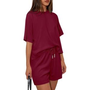 PRETTYGARDEN Women 2 Piece Lounge Sets Short Sleeve Shirts Workout Tops Shorts Matching Clothing 2026 Summer Vacation Outfits(Burgundy)