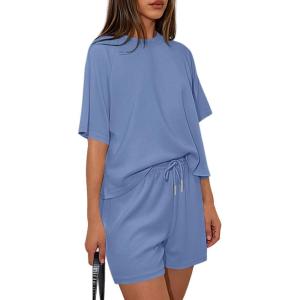 PRETTYGARDEN Women 2 Piece Lounge Sets Short Sleeve Shirts Workout Tops Shorts Matching Clothing 2026 Summer Vacation Outfits(Dusty Blue)