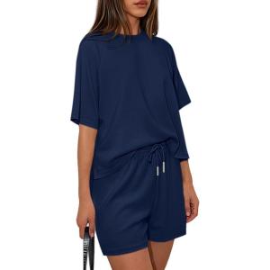PRETTYGARDEN Women 2 Piece Lounge Sets Short Sleeve Shirts Workout Tops Shorts Matching Clothing 2026 Summer Vacation Outfits(Navy Blue)