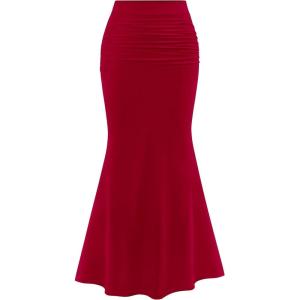 PRETTYGARDEN Women Fitted Mesh Mermaid Skirt 2026 Spring Summer Casual High Waisted Ruched Maxi Long Bodycon Going Out Outfit(Red)