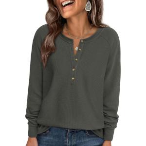 PRETTYGARDEN Women Long Sleeve Waffle Knit Shirts 2026 Fall Casual Button V Neck Loose Henley Tops Basic Tees Winter Clothes(Army Green)