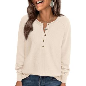 PRETTYGARDEN Women Long Sleeve Waffle Knit Shirts 2026 Fall Casual Button V Neck Loose Henley Tops Basic Tees Winter Clothes(Beige)