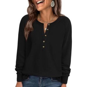 PRETTYGARDEN Women Long Sleeve Waffle Knit Shirts 2026 Fall Casual Button V Neck Loose Henley Tops Basic Tees Winter Clothes(Black)