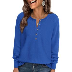 PRETTYGARDEN Women Long Sleeve Waffle Knit Shirts 2026 Fall Casual Button V Neck Loose Henley Tops Basic Tees Winter Clothes(Blue)