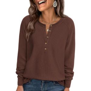 PRETTYGARDEN Women Long Sleeve Waffle Knit Shirts 2026 Fall Casual Button V Neck Loose Henley Tops Basic Tees Winter Clothes(Brown)
