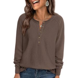 PRETTYGARDEN Women Long Sleeve Waffle Knit Shirts 2026 Fall Casual Button V Neck Loose Henley Tops Basic Tees Winter Clothes(Coffee)