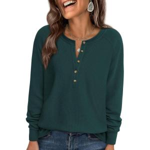 PRETTYGARDEN Women Long Sleeve Waffle Knit Shirts 2026 Fall Casual Button V Neck Loose Henley Tops Basic Tees Winter Clothes(Dark Green)