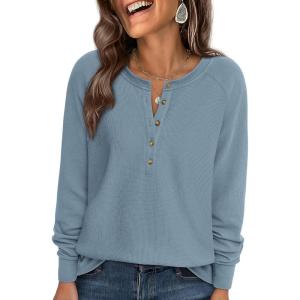 PRETTYGARDEN Women Long Sleeve Waffle Knit Shirts 2026 Fall Casual Button V Neck Loose Henley Tops Basic Tees Winter Clothes(Dusty Blue)