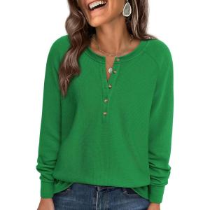 PRETTYGARDEN Women Long Sleeve Waffle Knit Shirts 2026 Fall Casual Button V Neck Loose Henley Tops Basic Tees Winter Clothes(Green)