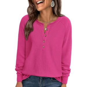 PRETTYGARDEN Women Long Sleeve Waffle Knit Shirts 2026 Fall Casual Button V Neck Loose Henley Tops Basic Tees Winter Clothes(Hot Pink)