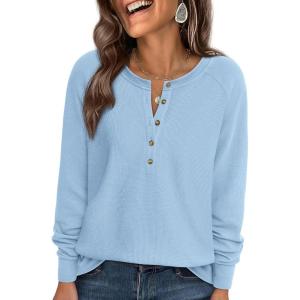 PRETTYGARDEN Women Long Sleeve Waffle Knit Shirts 2026 Fall Casual Button V Neck Loose Henley Tops Basic Tees Winter Clothes(Light Blue)