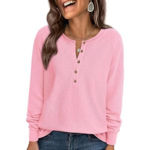 PRETTYGARDEN Women Long Sleeve Waffle Knit Shirts 2026 Fall Casual Button V Neck Loose Henley Tops Basic Tees Winter Clothes(Light Pink)