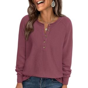 PRETTYGARDEN Women Long Sleeve Waffle Knit Shirts 2026 Fall Casual Button V Neck Loose Henley Tops Basic Tees Winter Clothes(Mauve)