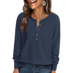 PRETTYGARDEN Women Long Sleeve Waffle Knit Shirts 2026 Fall Casual Button V Neck Loose Henley Tops Basic Tees Winter Clothes(Navy Blue)