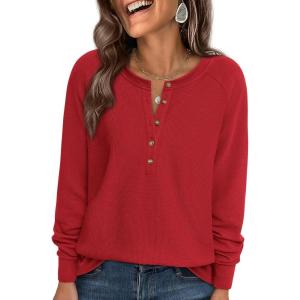 PRETTYGARDEN Women Long Sleeve Waffle Knit Shirts 2026 Fall Casual Button V Neck Loose Henley Tops Basic Tees Winter Clothes(Red)