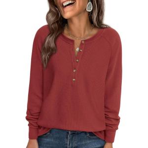 PRETTYGARDEN Women Long Sleeve Waffle Knit Shirts 2026 Fall Casual Button V Neck Loose Henley Tops Basic Tees Winter Clothes(Rust)