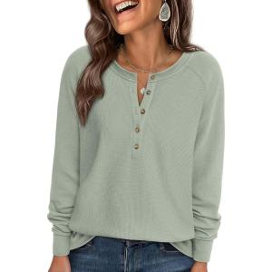 PRETTYGARDEN Women Long Sleeve Waffle Knit Shirts 2026 Fall Casual Button V Neck Loose Henley Tops Basic Tees Winter Clothes(Sage Green)