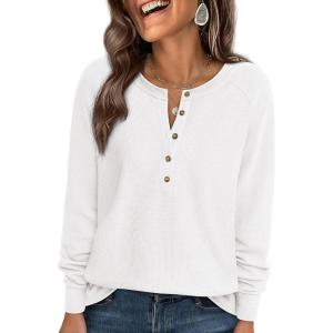 PRETTYGARDEN Women Long Sleeve Waffle Knit Shirts 2026 Fall Casual Button V Neck Loose Henley Tops Basic Tees Winter Clothes(White)