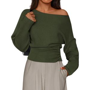 PRETTYGARDEN Women Off The Shoulder Sweater 2026 Fall Trendy Long Batwing Sleeve Knit Pullover Going Out Tops Winter Clothing(Army Green)