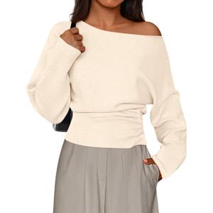 PRETTYGARDEN Women Off The Shoulder Sweater 2026 Fall Trendy Long Batwing Sleeve Knit Pullover Going Out Tops Winter Clothing(Beige)