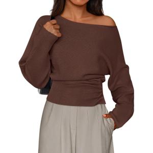 PRETTYGARDEN Women Off The Shoulder Sweater 2026 Fall Trendy Long Batwing Sleeve Knit Pullover Going Out Tops Winter Clothing(Brown)