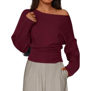 PRETTYGARDEN Women Off The Shoulder Sweater 2026 Fall Trendy Long Batwing Sleeve Knit Pullover Going Out Tops Winter Clothing(Burgundy)