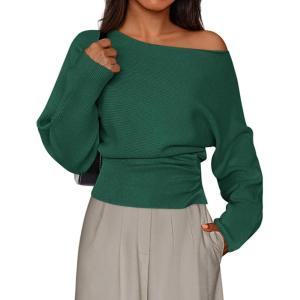 PRETTYGARDEN Women Off The Shoulder Sweater 2026 Fall Trendy Long Batwing Sleeve Knit Pullover Going Out Tops Winter Clothing(Green)