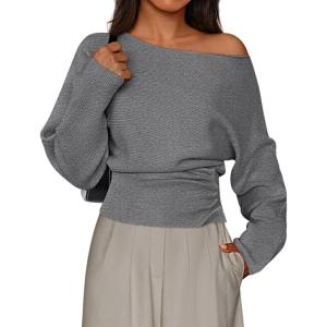 PRETTYGARDEN Women Off The Shoulder Sweater 2026 Fall Trendy Long Batwing Sleeve Knit Pullover Going Out Tops Winter Clothing(Grey)
