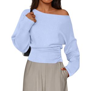 PRETTYGARDEN Women Off The Shoulder Sweater 2026 Fall Trendy Long Batwing Sleeve Knit Pullover Going Out Tops Winter Clothing(Light Blue)