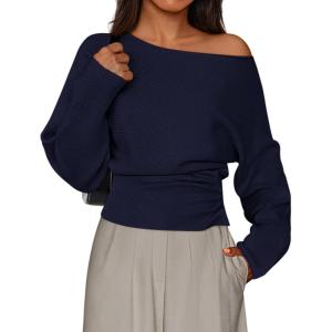 PRETTYGARDEN Women Off The Shoulder Sweater 2026 Fall Trendy Long Batwing Sleeve Knit Pullover Going Out Tops Winter Clothing(Navy Blue)