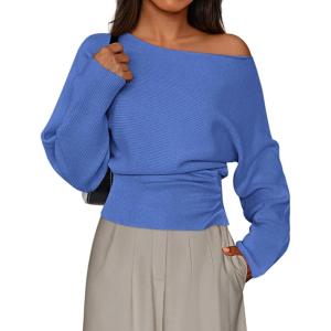 PRETTYGARDEN Women Off The Shoulder Sweater 2026 Fall Trendy Long Batwing Sleeve Knit Pullover Going Out Tops Winter Clothing(Sky Blue)