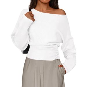 PRETTYGARDEN Women Off The Shoulder Sweater 2026 Fall Trendy Long Batwing Sleeve Knit Pullover Going Out Tops Winter Clothing(White)