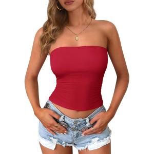 PRETTYGARDEN Women Tube Tops Strapless Going Out Crop Top 2026 Spring Fashion Y2K Summer Bandeau Shirt Beach Vacation Clothes(Red)
