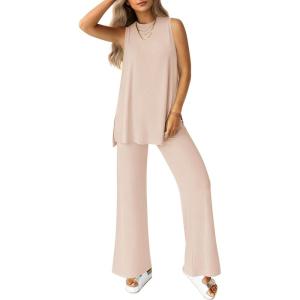 PRETTYGARDEN Women’s 2 Piece Lounge Set 2026 Summer Casual Tank Top Wide Leg Pants Matching Travel Outfits Clothes Tracksuit(Beige)
