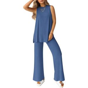PRETTYGARDEN Women’s 2 Piece Lounge Set 2026 Summer Casual Tank Top Wide Leg Pants Matching Travel Outfits Clothes Tracksuit(Blue)